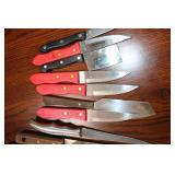 Mixed Lot of Kitchen Knives and Utensils with Basket