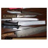 Mixed Lot of Kitchen Knives and Utensils with Basket