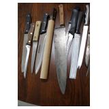 Mixed Lot of Kitchen Knives and Utensils with Basket