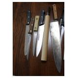 Mixed Lot of Kitchen Knives and Utensils with Basket