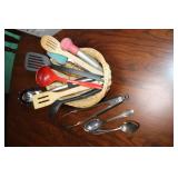 Mixed Lot of Kitchen Knives and Utensils with Basket