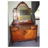 Antique Mahogany Dresser with Ornate Mirror and Decorative Carvings