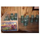 Set of 10 Vintage Blue-Green Mason Jars with Wood Crate