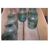 Set of 10 Vintage Blue-Green Mason Jars with Wood Crate