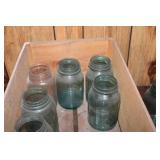 Set of 10 Vintage Blue-Green Mason Jars with Wood Crate