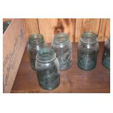 Set of 10 Vintage Blue-Green Mason Jars with Wood Crate