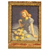 Vintage Framed Portrait of Woman with Yellow Roses