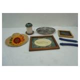 Decor Lot: tray, wall art, candle, decorative hat