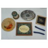 Decor Lot: tray, wall art, candle, decorative hat