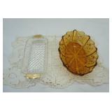Vintage Fenton Amber Glass Bowl & Hobnail Butter Tray