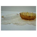 Vintage Fenton Amber Glass Bowl & Hobnail Butter Tray