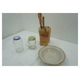 Vintage Stoneware Serving Bowl, Knife Block, and jars