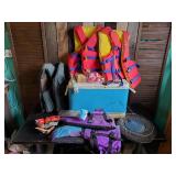 Outdoor Lot of Life Vests, Fishing Gear Coleman Cooler and more