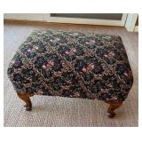 Navy Floral Pattern Upholstered Ottoman with Carved Wood Legs