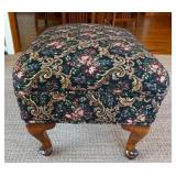 Navy Floral Pattern Upholstered Ottoman with Carved Wood Legs