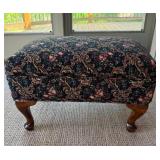 Navy Floral Pattern Upholstered Ottoman with Carved Wood Legs