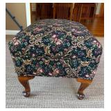 Navy Floral Pattern Upholstered Ottoman with Carved Wood Legs
