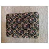 Navy Floral Pattern Upholstered Ottoman with Carved Wood Legs