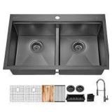 Glacier Bay 33 in Drop-In Double Bowl 18 Gauge Gunmetal Black Stainless Steel Workstation Kitchen Sink with Black Spring Neck Faucet   Customer Returns See Pictures