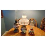 3 - Oil Lamps, One with Reproduction Aladdin Shade and Ring