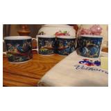 4 Rosemalded Cups, Velkamme Towel, Teapot and Casserole