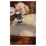 4 Rosemalded Cups, Velkamme Towel, Teapot and Casserole