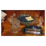 Carnival Glass Butterdish, Misc Glass Candlesticks and Bowls