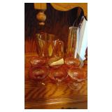 Carnival Glass Pitcher with 3 Glasses and 6 Sherberts