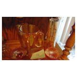 Carnival Glass Pitcher with 3 Glasses and 6 Sherberts