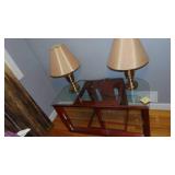 Glass Top Media Stand and Pair of Brass Table Lamps