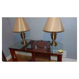 Glass Top Media Stand and Pair of Brass Table Lamps