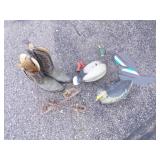 Size 10 Cowboy Boots, Vintage Ice Skates, Motorized Duck Decoy and Duck Decoy with Weight