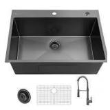 Glacier Bay 30 in Drop-In Single Bowl 18 Gauge Gunmetal Black Stainless Steel Workstation Kitchen Sink with Black Spring Neck FaucetCustomer Returns  See Pictures
