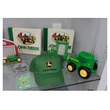Assorted John Deere Collectibles - Frames, Books, Pin, Bank