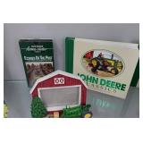 Assorted John Deere Collectibles - Frames, Books, Pin, Bank