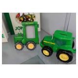 Assorted John Deere Collectibles - Frames, Books, Pin, Bank