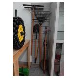 Assorted Rakes, Shovels and Floor Squeegees