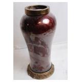 Ornate Brown and Red Glass Vase with Brass Trim
