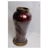 Ornate Brown and Red Glass Vase with Brass Trim