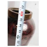 Ornate Brown and Red Glass Vase with Brass Trim