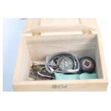 Wooden Box with Assorted Metal Items including Watches and Keychains