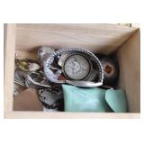 Wooden Box with Assorted Metal Items including Watches and Keychains