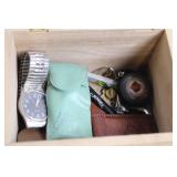 Wooden Box with Assorted Metal Items including Watches and Keychains