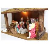 Ceramic Nativity Scene Set with Wooden Stable and Light
