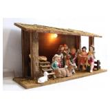 Ceramic Nativity Scene Set with Wooden Stable and Light