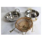 Set of Stainless Steel Buffet Servers and Wicker Hanging Basket