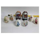 Set of 9 Decorative Porcelain and Glass Eggs Featuring Floral Designs
