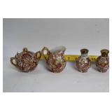 Japanese Vintage Kutani Moriage Red Gold Porcelain Creamer and Sugar Set with Salt and Pepper Shakers