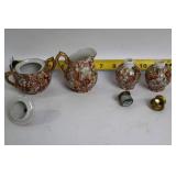 Japanese Vintage Kutani Moriage Red Gold Porcelain Creamer and Sugar Set with Salt and Pepper Shakers