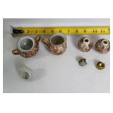 Japanese Vintage Kutani Moriage Red Gold Porcelain Creamer and Sugar Set with Salt and Pepper Shakers